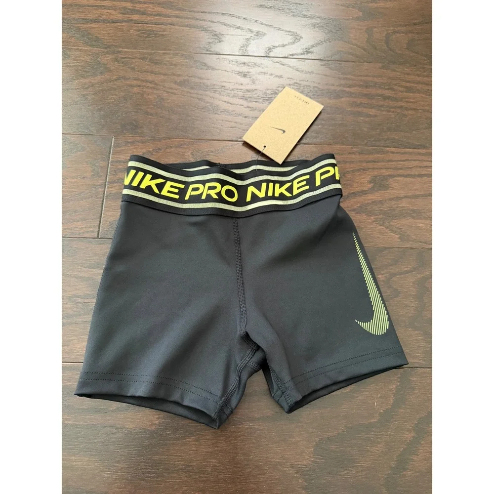 Nike Pro Kids Training Shorts Black Volt Yellow HV0733-011 XS